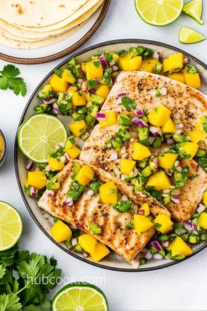 Grilled Swordfish Tacos with Tomatillo-Mango Salsa